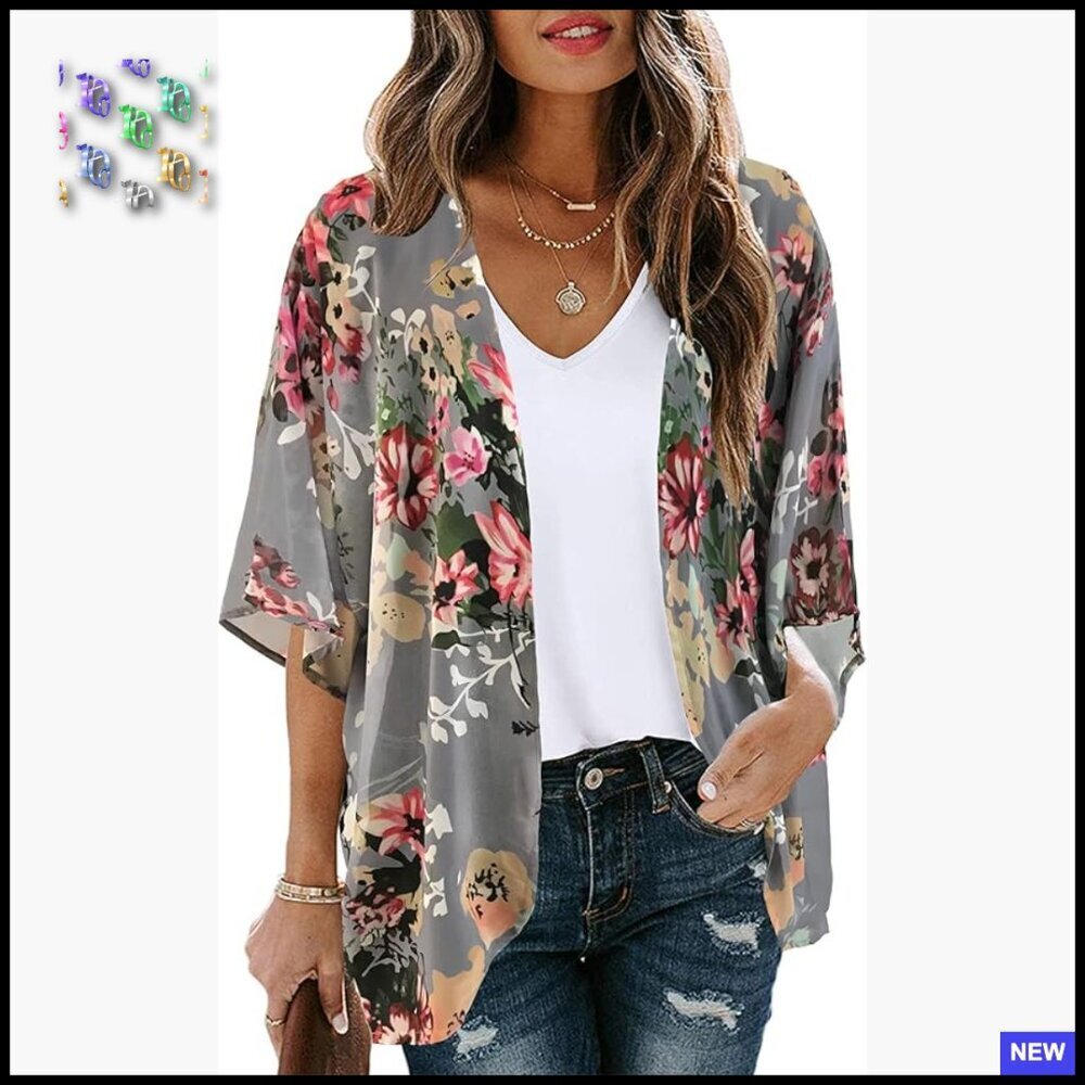 Floral Puff Sleeve Kimono Cardigan Loose Cover Up Chiffon Blouse Boho
